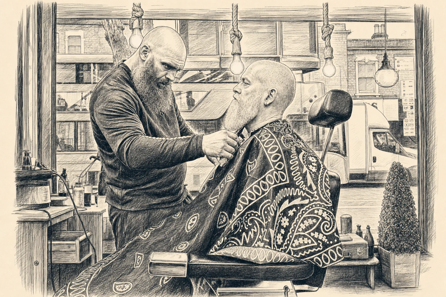 Line-art illustration of a barber trimming a customer's beard inside Vintage Cut Walthamstow